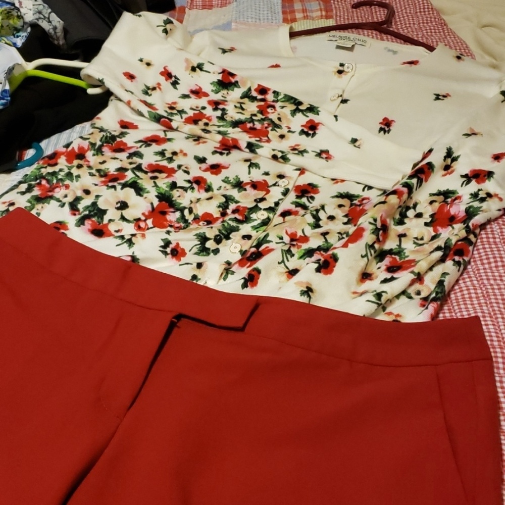 Beautiful floral sweater,  matching dress pants.